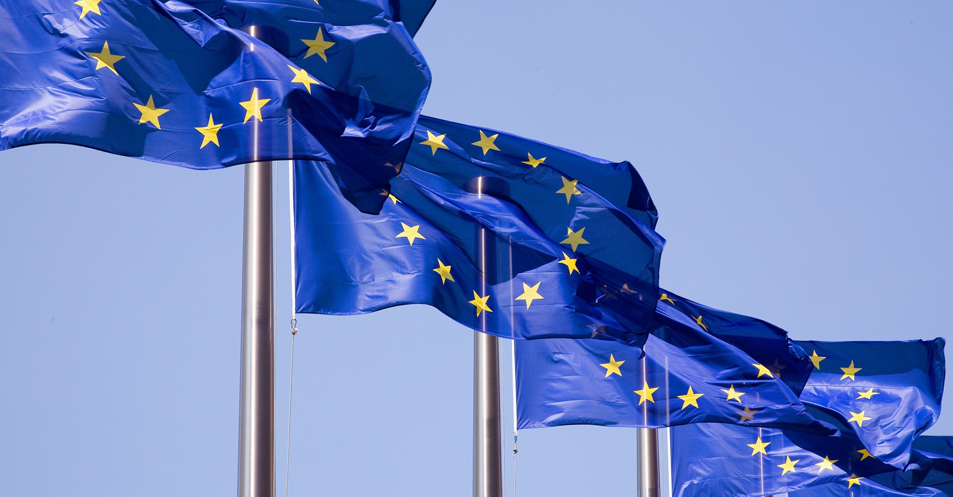 Flera flaggstänger med blå EU-flaggor med gula stjärnor på rad mot blå himmel.