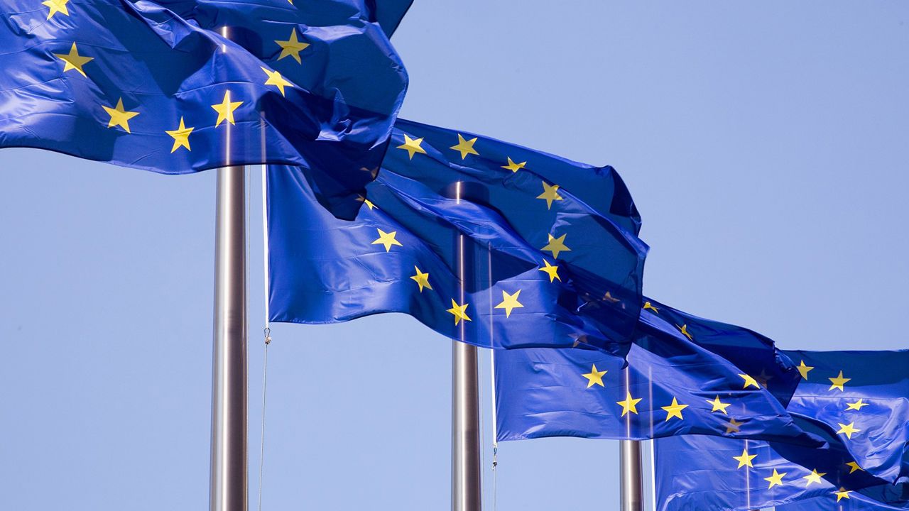 Flera flaggstänger med blå EU-flaggor med gula stjärnor på rad mot blå himmel.