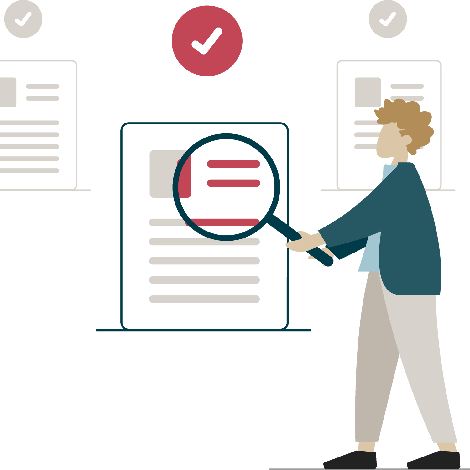 Illustrerad gubbe med förstoringsglas.