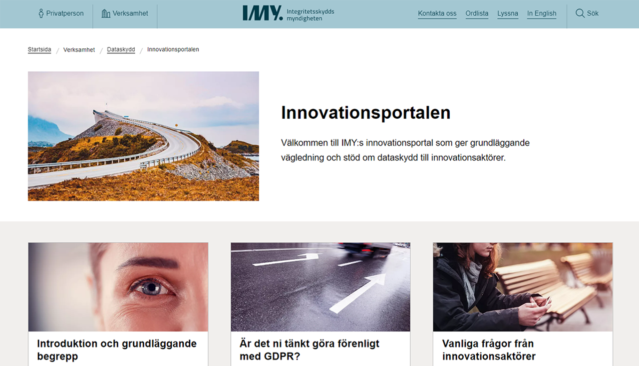 Visar startsidan av IMY:s ny innovationsportal med ingångarna: introduktion, guider och svar på vanliga frågor.