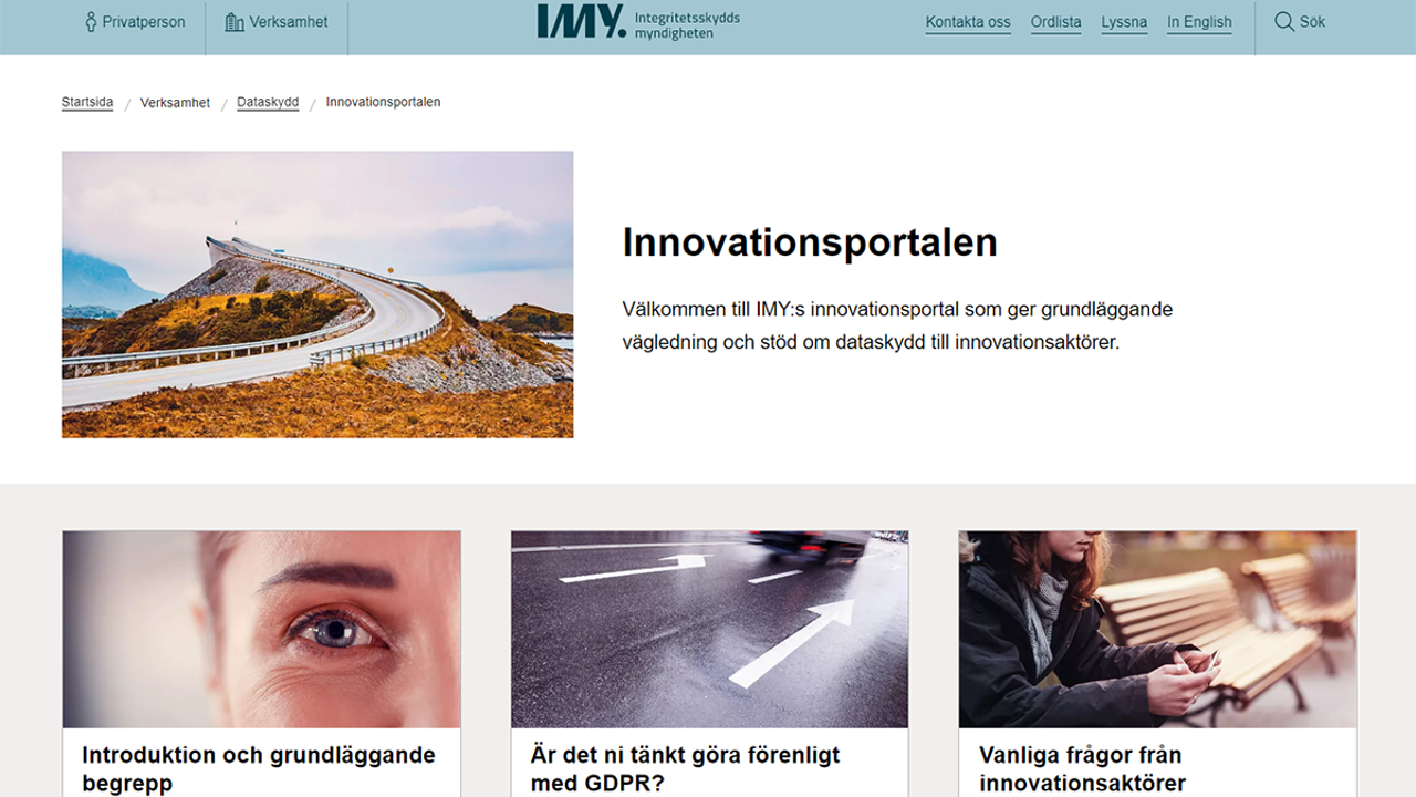 Visar startsidan av IMY:s ny innovationsportal med ingångarna: introduktion, guider och svar på vanliga frågor.