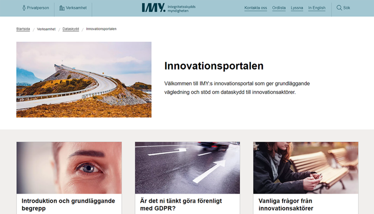 Visar startsidan av IMY:s ny innovationsportal med ingångarna: introduktion, guider och svar på vanliga frågor.